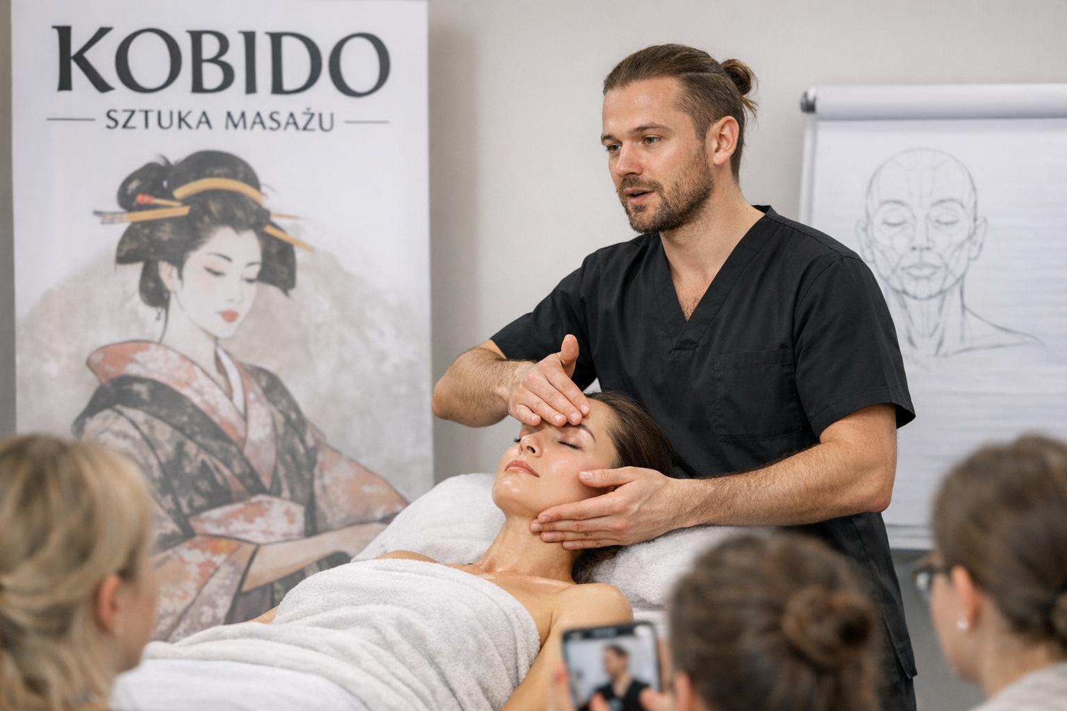 Zdjęcie: instruktor prezentujący technikę Kobido podczas kursu