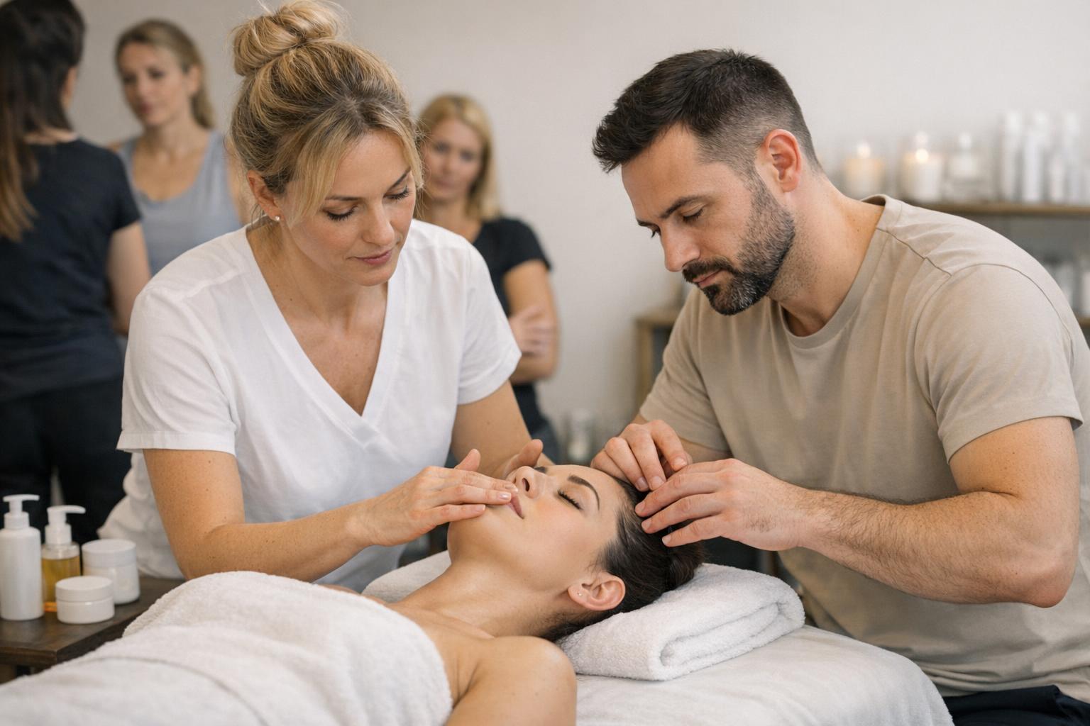 zajęcia praktyczne na kursie Physiokobido, para ćwiczy techniki na modelu