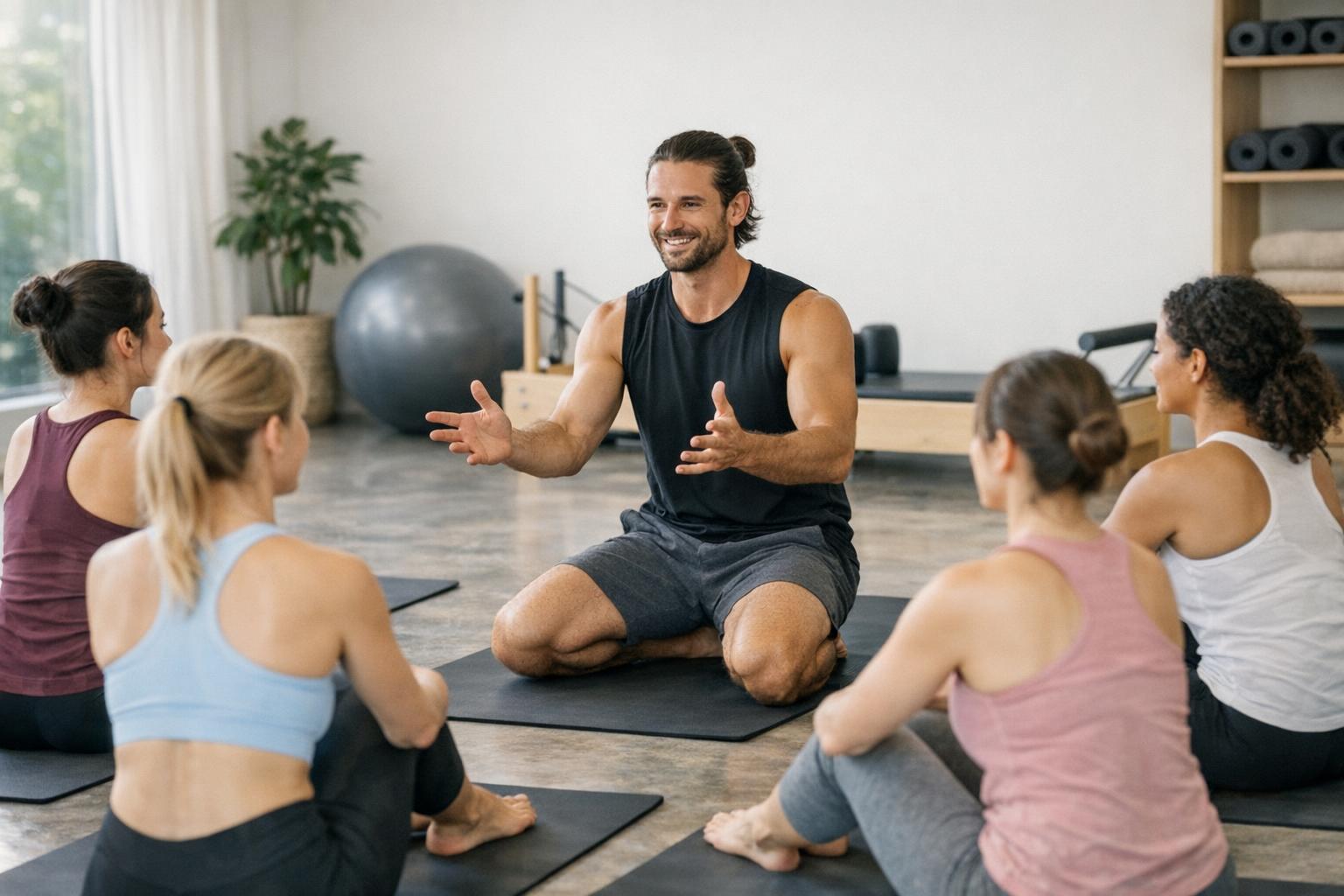 Instruktor pilates prowadzący zajęcia z grupą na macie