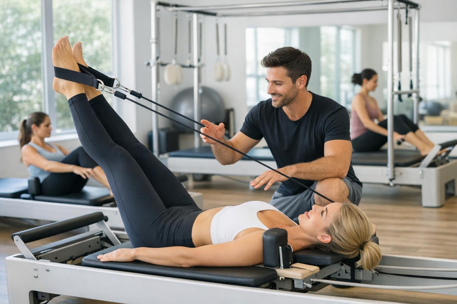 Zajęcia pilates na reformerze z instruktorem pokazującym poprawną technikę